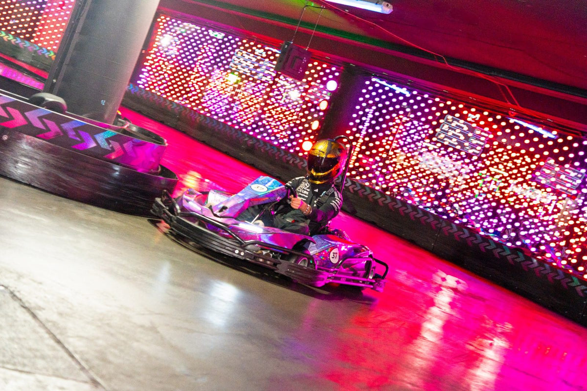 Racers on the 410m main track at Hyper Karting